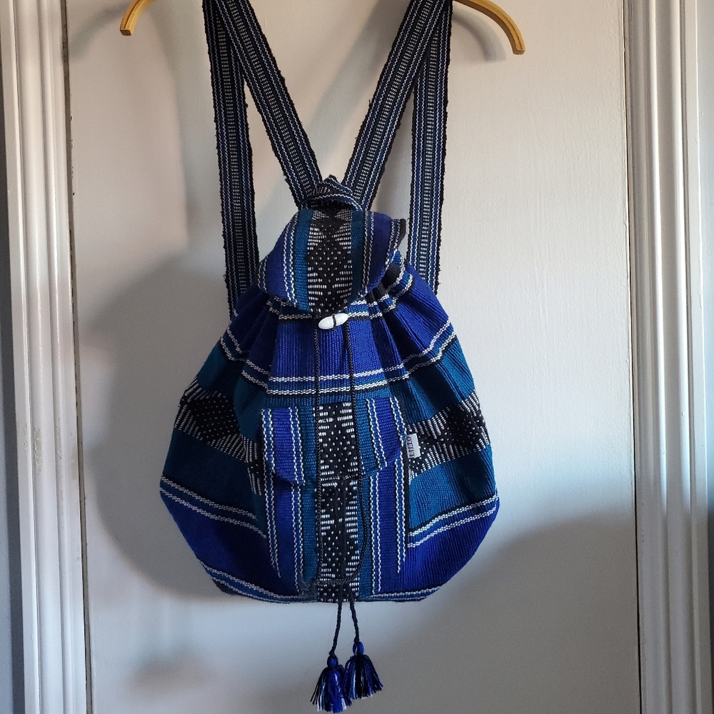 Lillo Woven Drawstring Backpack Artisan Blue Baja Style Boho Hippie